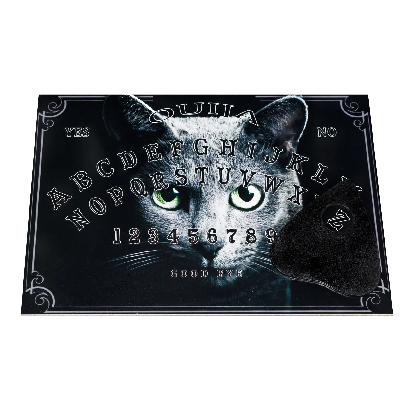 Cat Ouija board with planchette for talking to ghosts