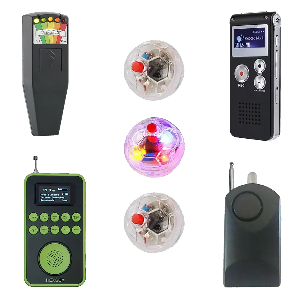 The ghost-hunting kit 3, including the K2, cat balls, EVP recorder, HexBox and a portable Rem Pod
