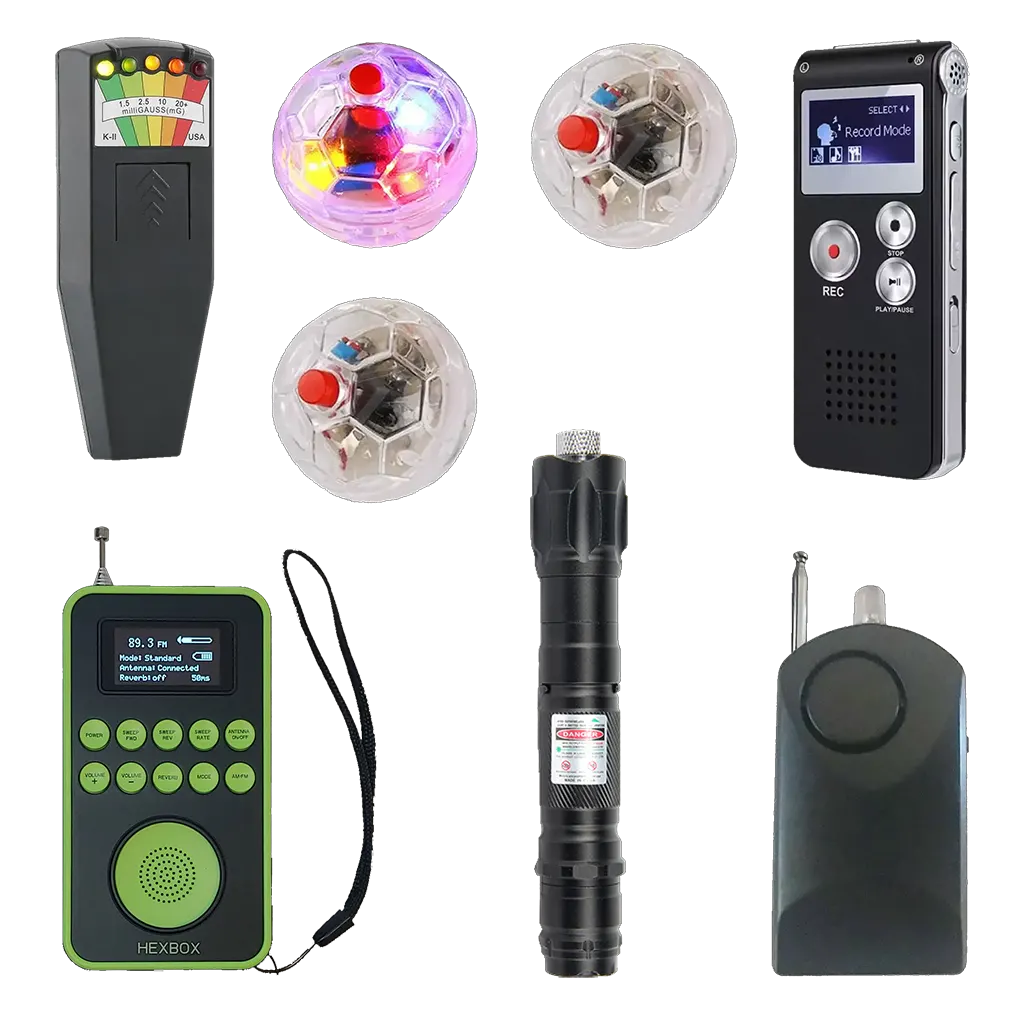 Paranormal kit 4, incluing K2, cat balls, EVP recorder, HexBox, laser grid, and portable Rem Pod