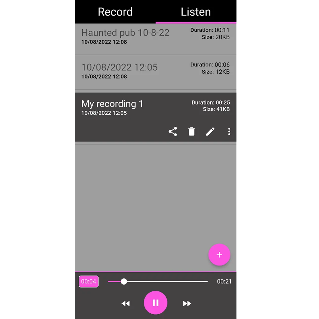Playback screenshot from the EVP recorder app
