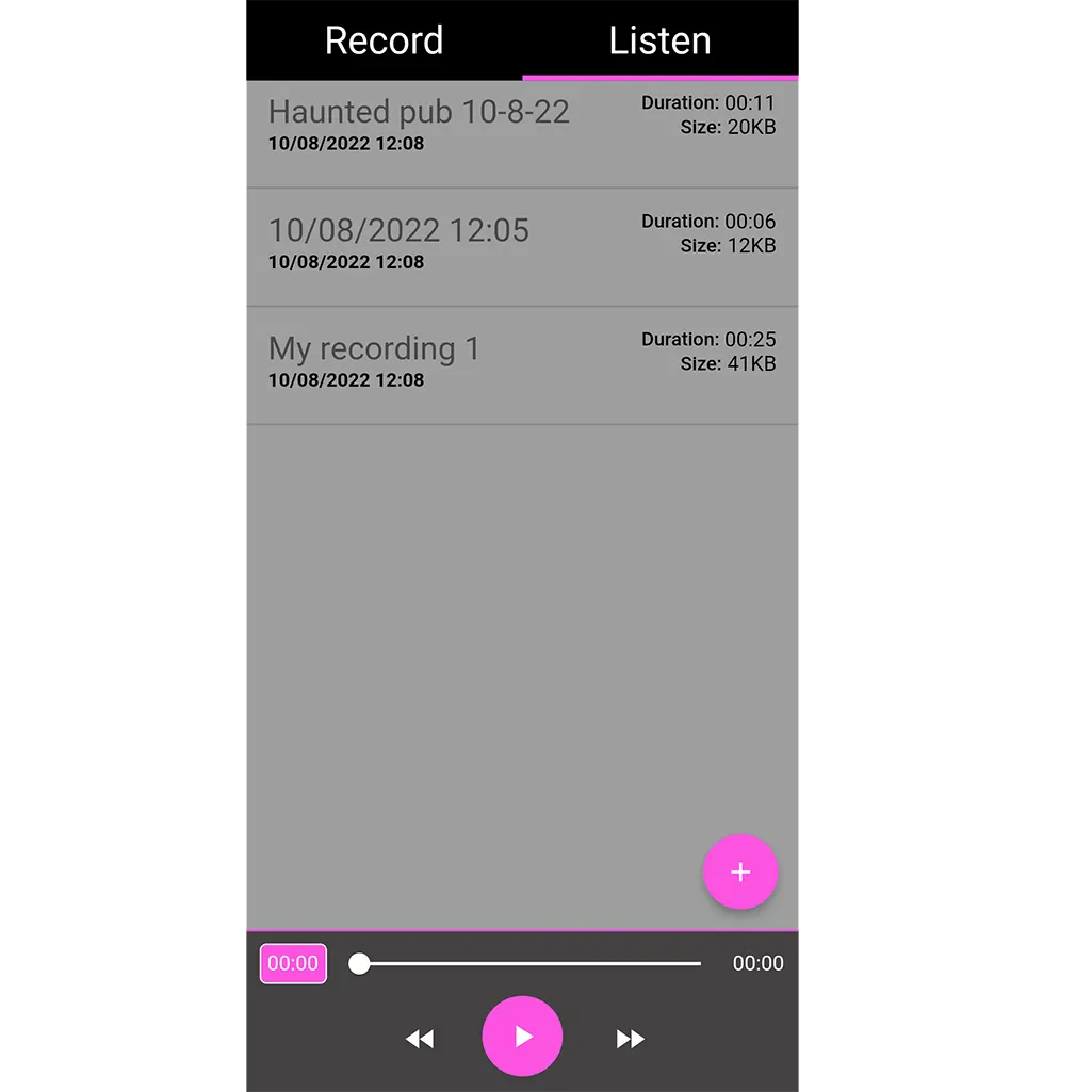 Screenshot from the EVP app showing recordings