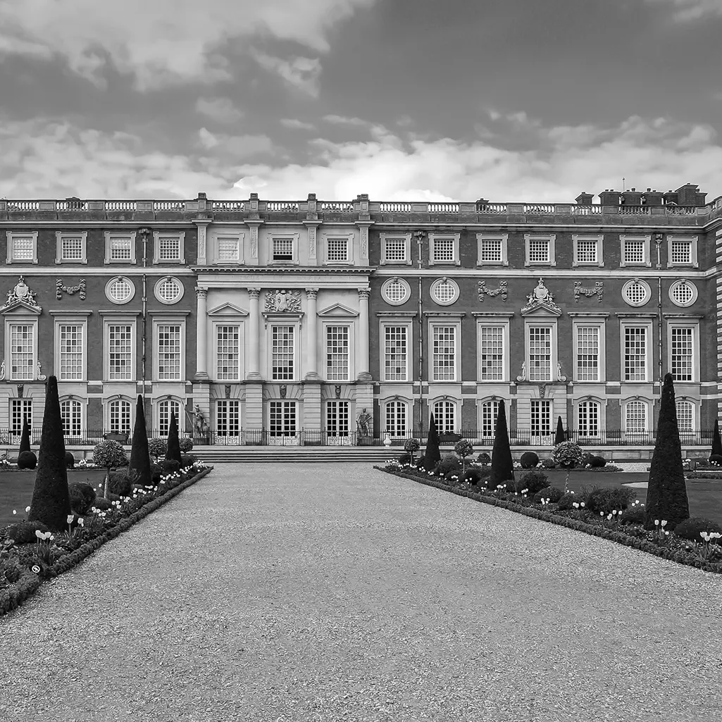 Hampton Court Palace in black and white