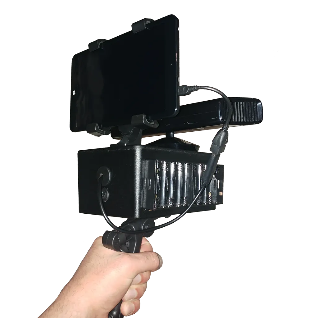 Me holding the portable SLS Camera with the tablet