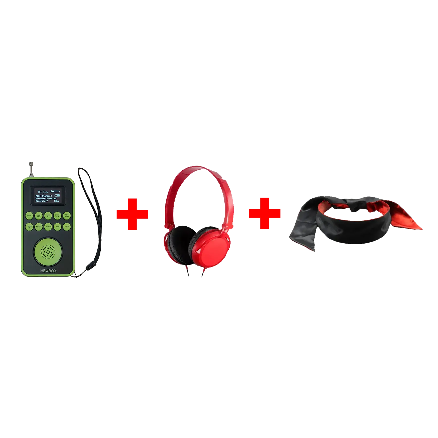 A photo of the Estes Method kit, including the HexBox, a blindfold and headphones