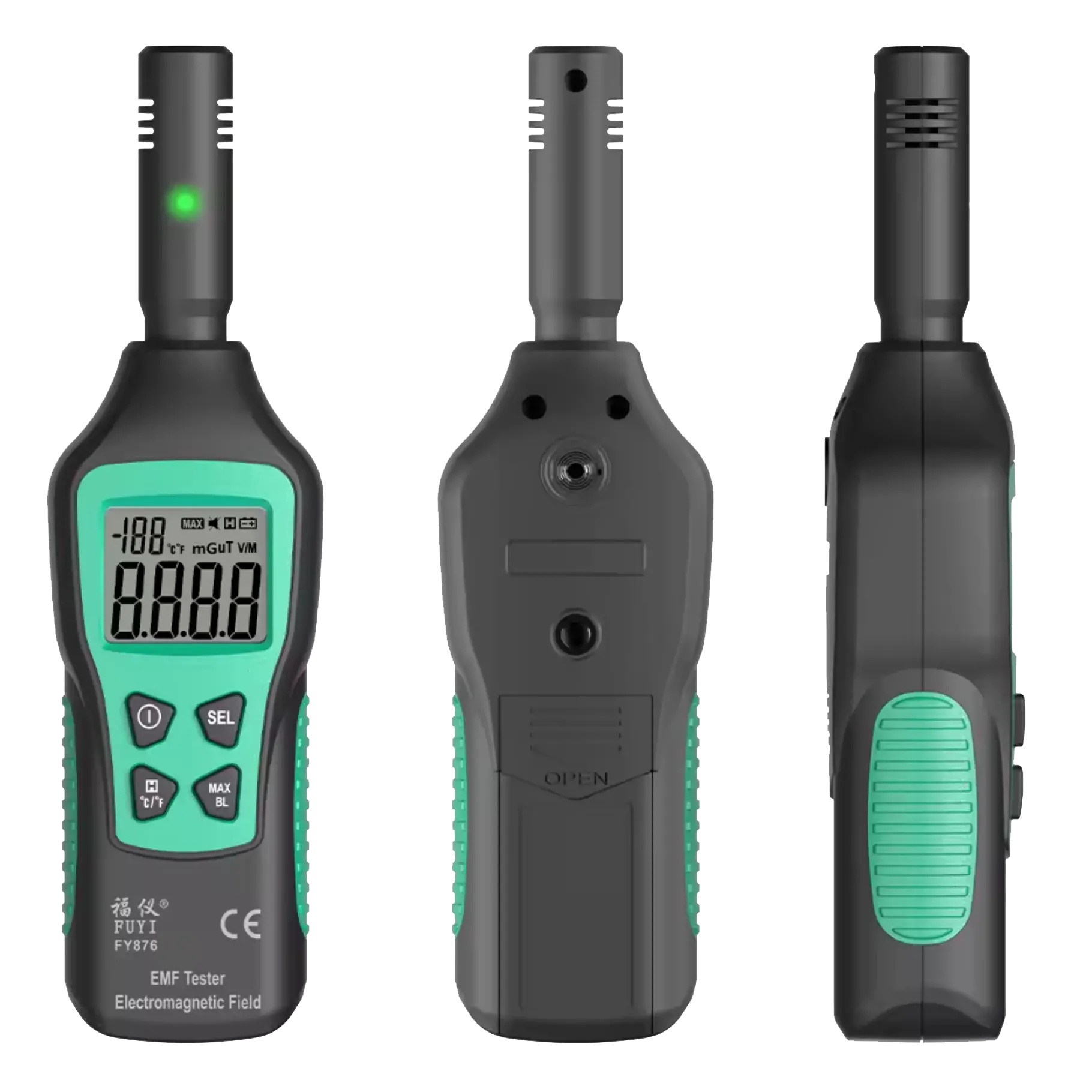 The EMF Detector from the front, back and side