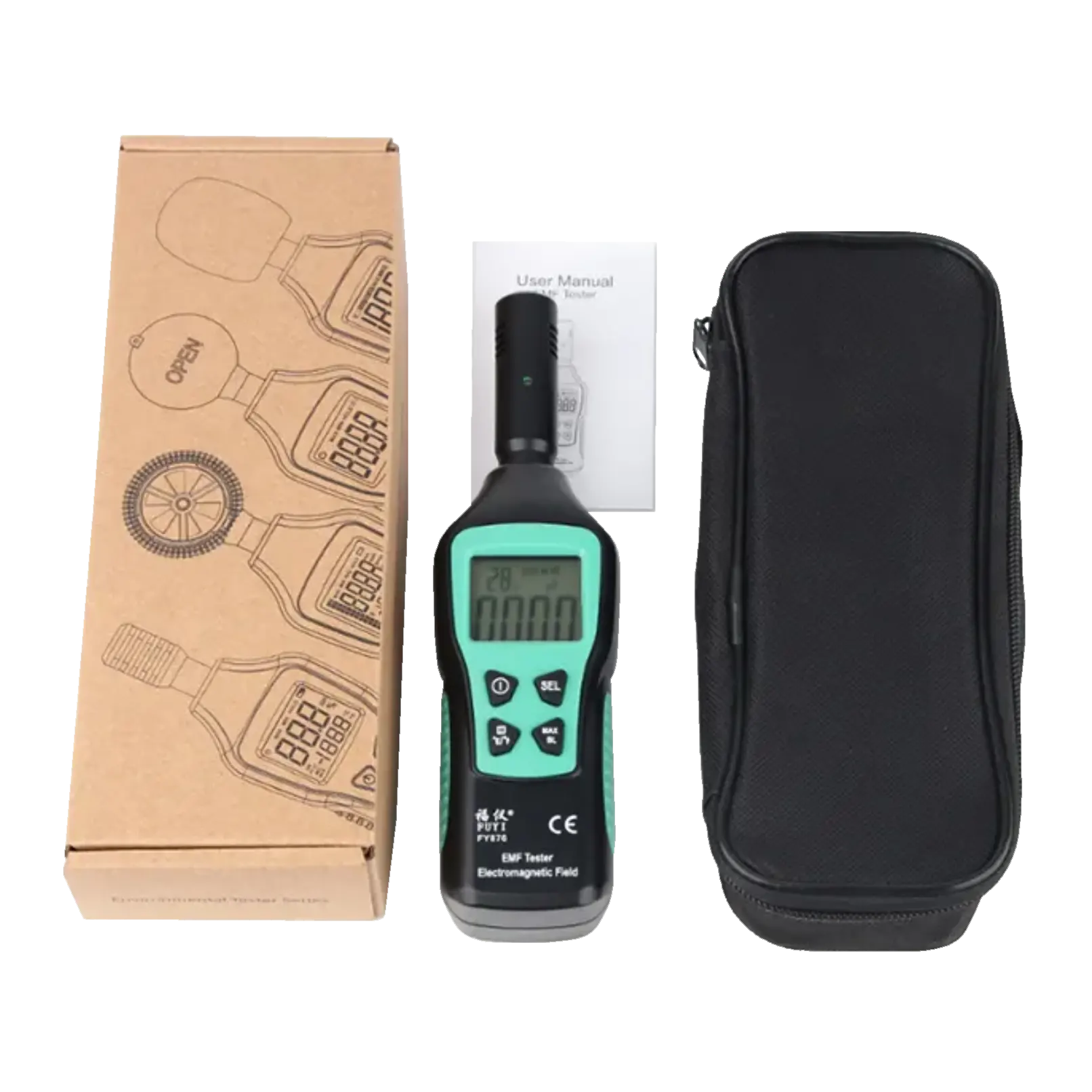 The EMF Tester with its box and case